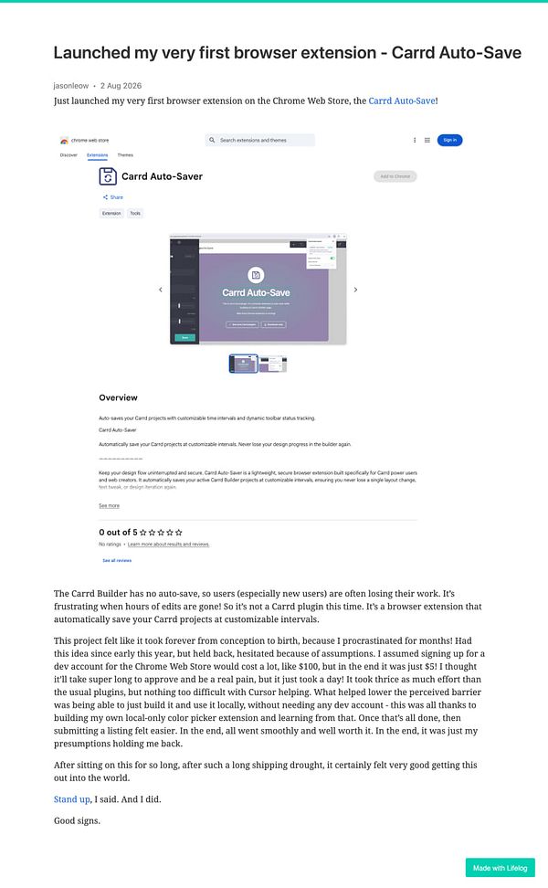 Screenshot of a GitHub repository page for the Carrd Auto-Save browser extension project.