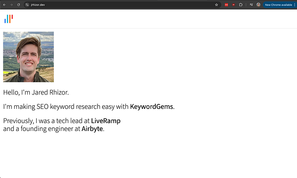 The image displays a personal website homepage featuring a professional introduction.