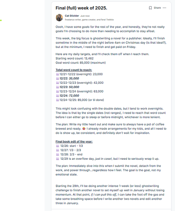 A detailed task list and goals for the final week of 2025, focusing on writing and editing a novel.