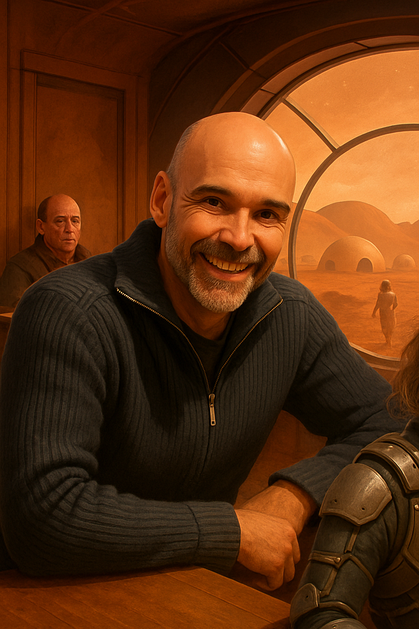A smiling man in a cozy setting with a futuristic landscape visible through a large window.