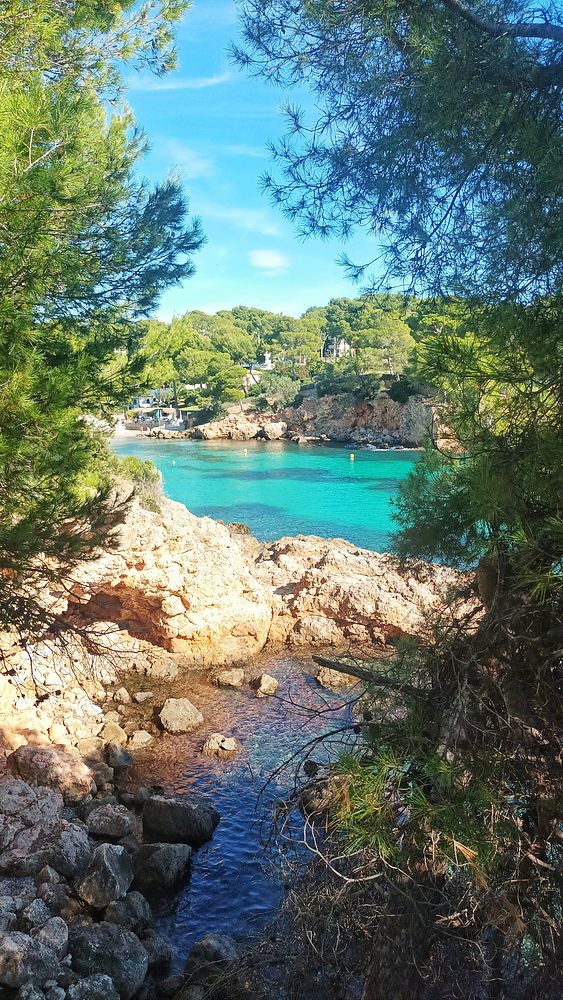 A scenic view of a turquoise bay framed by lush greenery and rocky terrain.
