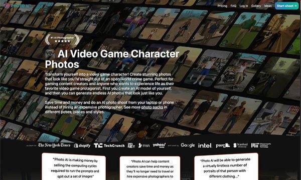 The image promotes a service for creating AI-generated video game character photos.