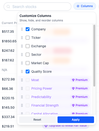 The image displays a user interface for customizing columns in a stock management tool.