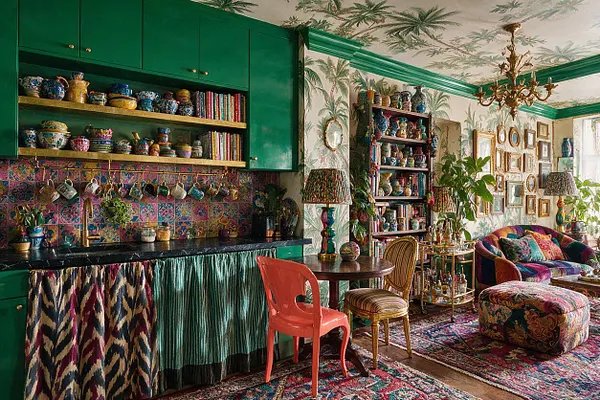 A studio apartment filled with maximalist decor, featuring bright green cabinetry, patterned wallpaper, open shelves of colorful pottery, and layered textiles. The seating area includes a multicolored sofa, ornate ottoman, vintage rugs, a brass chandelier, and many framed artworks and mirrors on the wall.