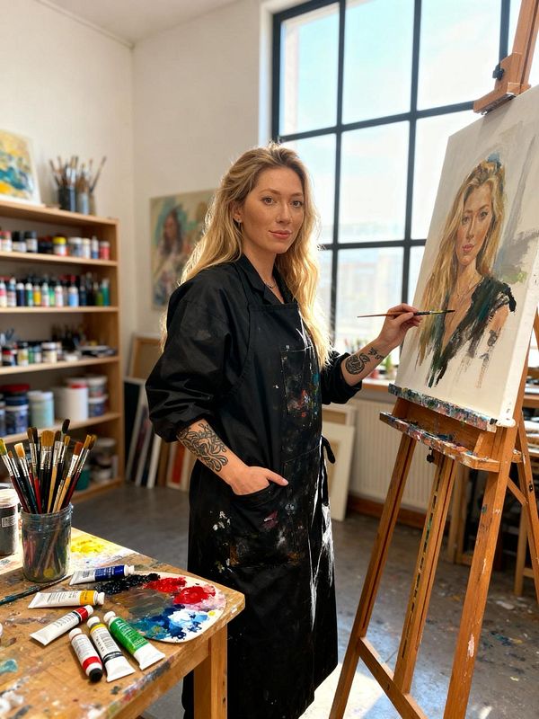 A woman stands in an art studio, painting a portrait on an easel.