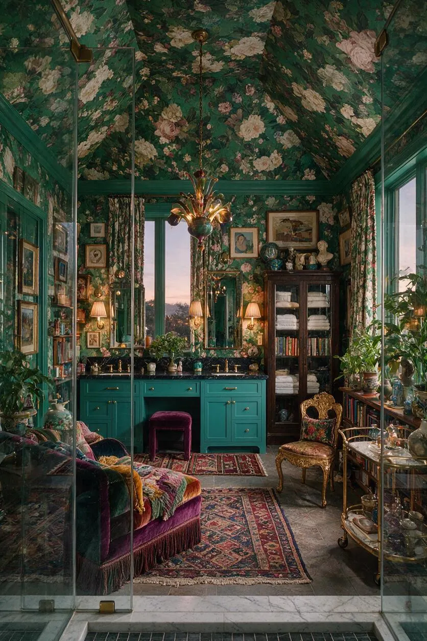 A dramatic master bathroom filled with dark green floral wallpaper and a matching floral ceiling, creating a richly patterned cocoon. The room includes a teal vanity with a dark stone countertop, ornate lighting, framed art, vintage rugs, velvet seating, glass shower panels, and a gold-toned accent chair and bar cart, all layered for a lavish maximalist look.