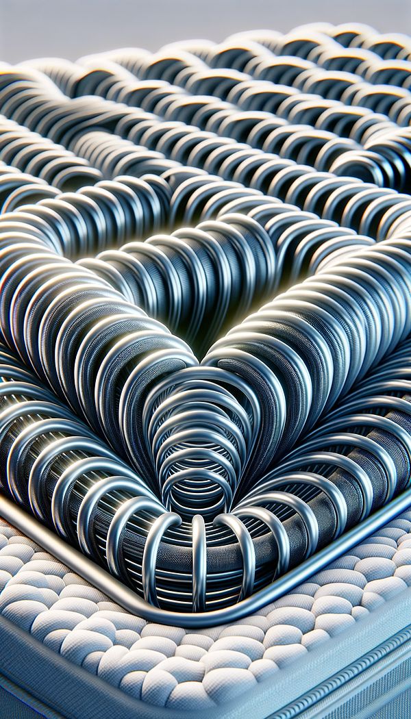 A close-up image of a Bonnell Coil system inside an innerspring mattress, showing the interconnected hourglass-shaped coils.