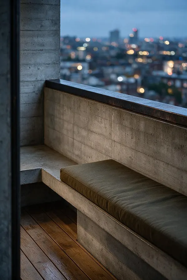 A Brutalist-style balcony corner with raw concrete walls and built-in bench seating topped by a dark cushion. Warm wooden floorboards contrast with the cool gray structure, while a blurred city skyline with evening lights fills the background.