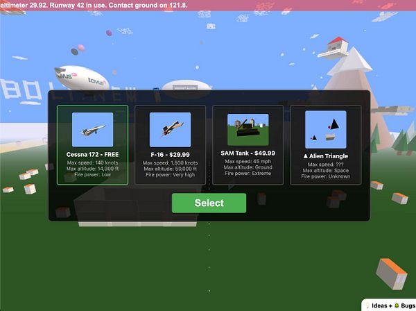 The image displays a selection screen for various vehicles in a flight simulation game.