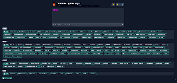 The image displays the interface of the Canned Support App, showcasing various preset messages for customer support.