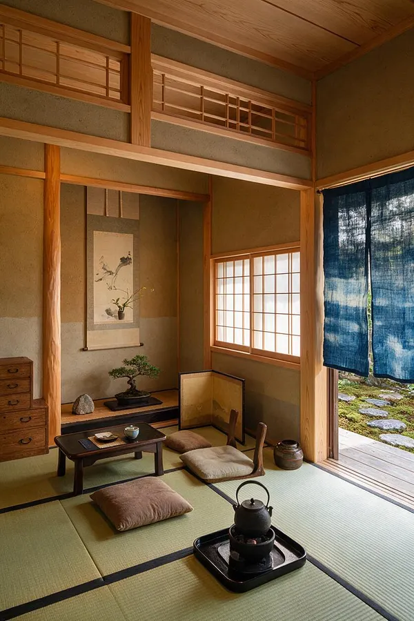 A calm Japanese Zen-style room with tatami mats, floor cushions, a low tea table, and a cast iron kettle on a tray. Wooden beams, shoji-style windows, a hanging indigo noren curtain, and a small garden visible outside create a peaceful, natural atmosphere.