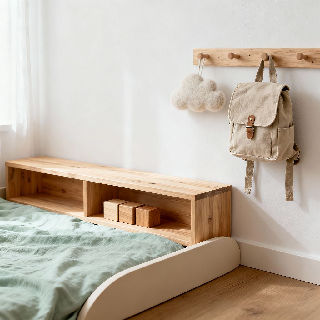Minimalist children’s bedroom with a low, cream bed and sage green duvet beside a long, solid-oak shelf used as a headboard and storage. On the white wall above, a simple oak peg rail holds a beige canvas backpack and a soft wool-felt cloud; natural light filters through sheer curtains at left, illuminating wooden blocks on the shelf and a light oak floor.