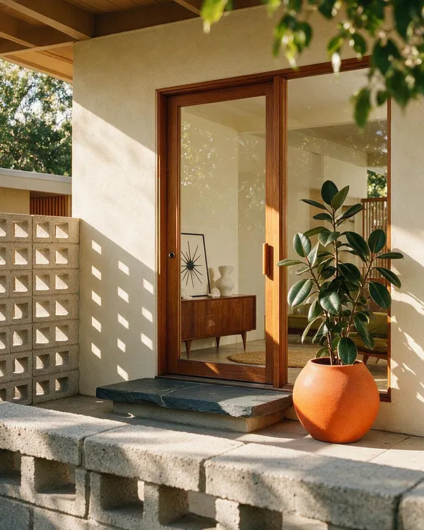 A Mid-Century Modern exterior entry with a wood-framed sliding glass door, cream stucco walls, and a patterned breeze block screen beside the porch. A terracotta planter with a glossy green rubber plant sits on the step, while warm sunlight casts geometric shadows across the facade.