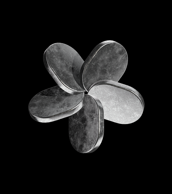 An abstract 3D model resembling a flower shape with metallic textures.