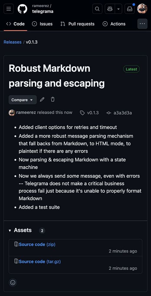The image displays a GitHub release page for the Telegrama gem version 0.1.3.