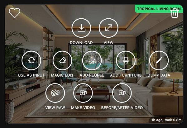 The image displays a user interface for an interior design application featuring various editing options.