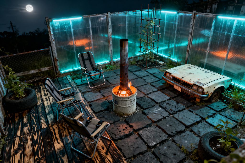 A night patio enclosed by translucent corrugated panels washed in cyan LED light. The floor is irregular dark concrete pavers with a tall steel rocket-stove burning inside a concrete drum at center. A charred wood deck holds foldable aluminum chairs, while tires are repurposed as planters. On the right, the rusted front half of an old cream car sits low beside a rebar trellis. Chain-link fencing and weeds complete the gritty, post-apocalyptic look.