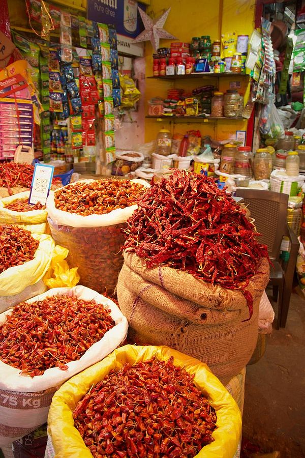 A vibrant market scene featuring various sacks of dried red chilies.