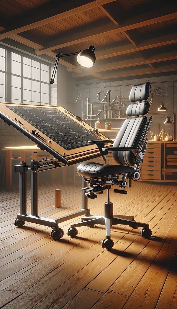 An ergonomic draught chair beside a tall drafting table, equipped with adjustable features and a foot ring, in a brightly lit architectural studio.