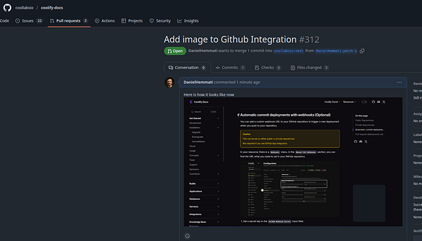 The image displays a GitHub pull request interface showing a comment about adding an image to the Coolify integration documentation.