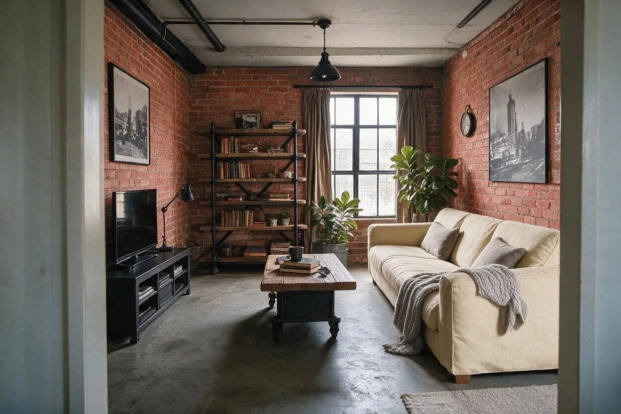 The same Industrial living room in the Brick and Canvas palette: brick red, canvas, black steel, reclaimed wood, and warm gray
