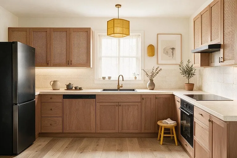 A Japandi kitchen in the Earthy Kitchen palette: cream, clay brown, stone beige, ochre, and bronze