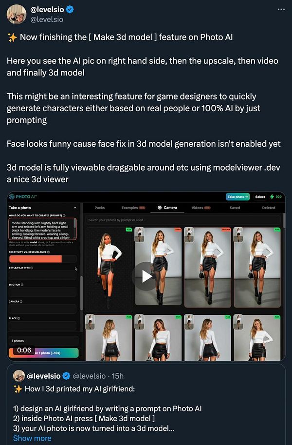 The image displays a user interface for the Photo AI application, showcasing a 3D model generation feature.
