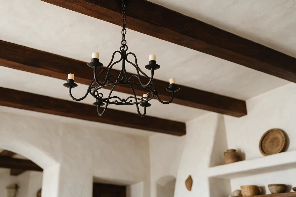 A Mediterranean-style interior featuring a dark wrought iron chandelier with candle-style bulbs hanging from exposed dark wood ceiling beams. White stucco walls and built-in niches with pottery and woven baskets create a warm rustic look.