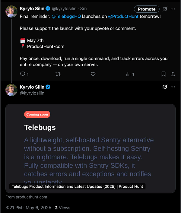 A Twitter post announcing the launch of Telebugs on Product Hunt, featuring details about the product and a call to action for support.