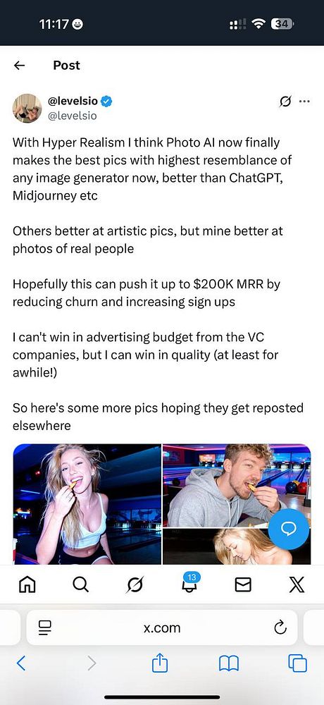 A social media post discussing the capabilities of Hyper Realism in photo generation, featuring a user profile and images of people.