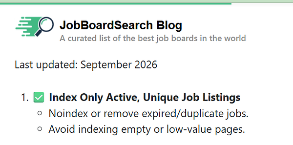 Section of the JobBoardSearch Blog guidelines on indexing job listings, last updated September 2026.