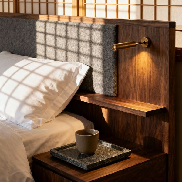 Close-up of a minimalist bedroom showing a walnut headboard with an inset gray wool felt panel and a slim brass reading sconce. Sunlight passes through shoji screens, casting a grid of shadows across the white bedding and warm wood. A built-in ledge runs along the headboard above a matching nightstand that holds a honed stone tray and a small ceramic cup, highlighting simple forms, natural textures, and a calm, understated palette.