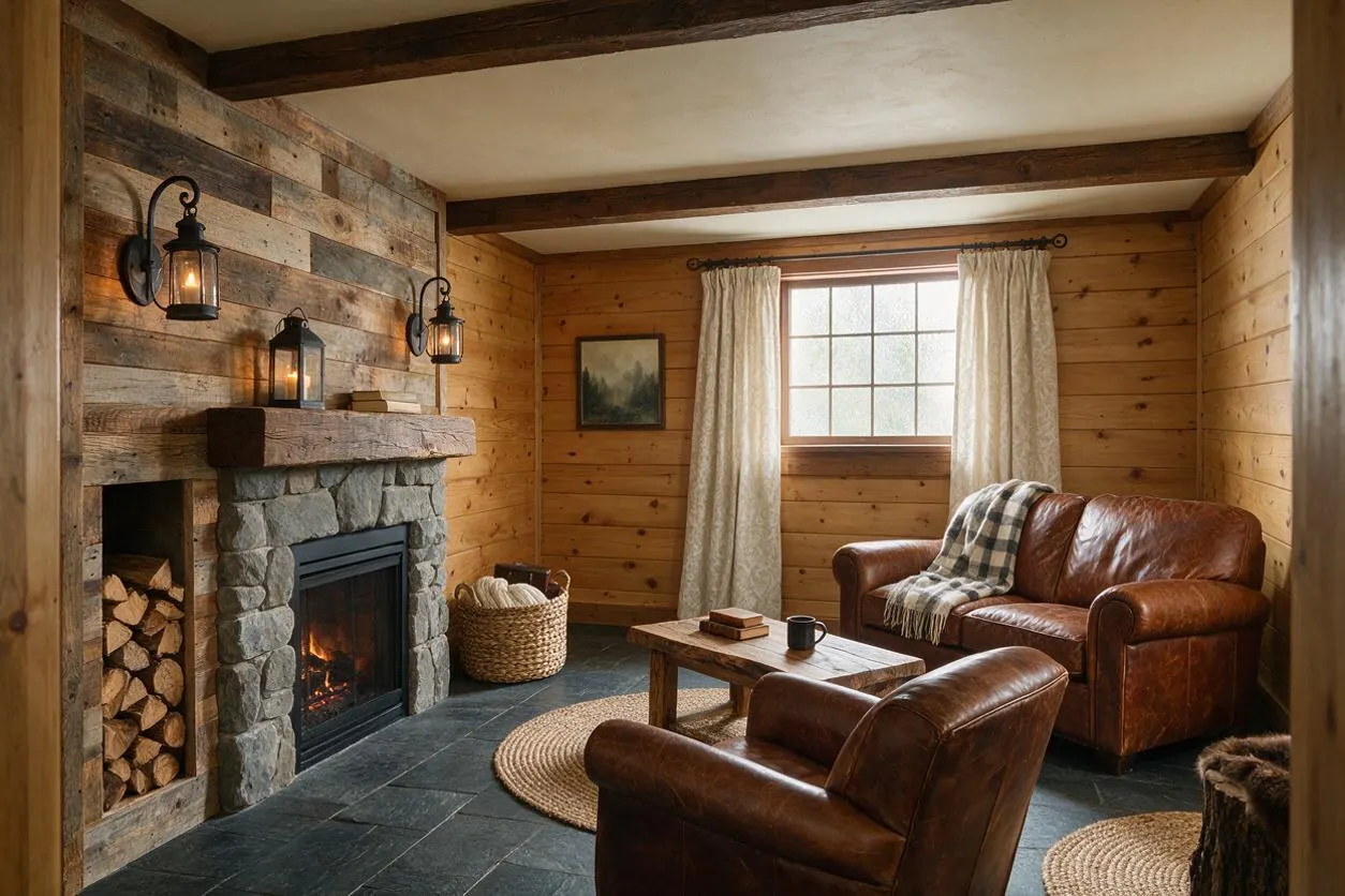 A cozy rustic basement sitting room with wood-paneled walls, dark ceiling beams, and a stone fireplace with a burning fire. Leather armchairs and a loveseat face a small wooden coffee table, while soft curtains frame a window and woven rugs add warmth to the slate floor.