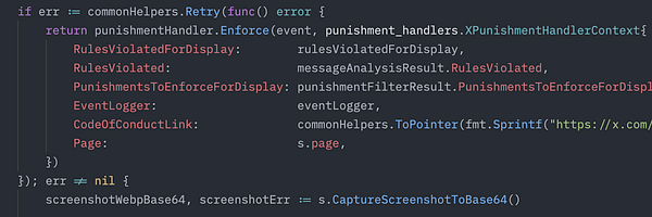 The image displays a code snippet implementing retry logic for an integration task.