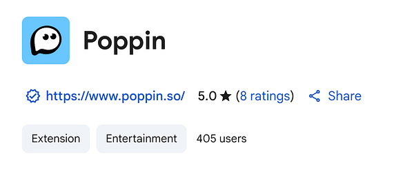The image displays information about the Poppin extension, including its rating and user statistics.