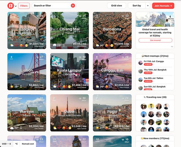 The image displays a grid of various cities with information relevant to digital nomads, including costs and internet speeds.