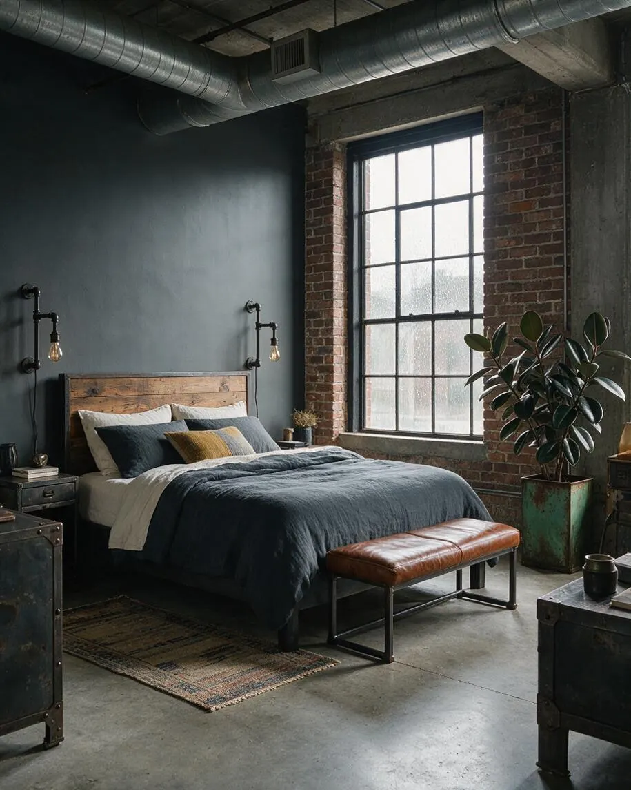 A moody industrial master bedroom with a wooden bed frame, dark bedding, and exposed brick around a large black-framed window. Metal pipe wall sconces, visible ductwork on the ceiling, a leather bench at the foot of the bed, and a potted plant add texture to the concrete and brick space.