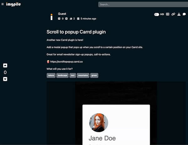 The image displays a screenshot of a webpage on Imgpile featuring a new plugin for Carrd.