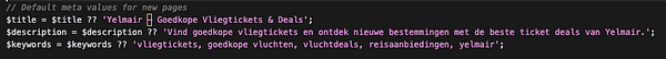 The image displays a code snippet for setting default meta values for new web pages.