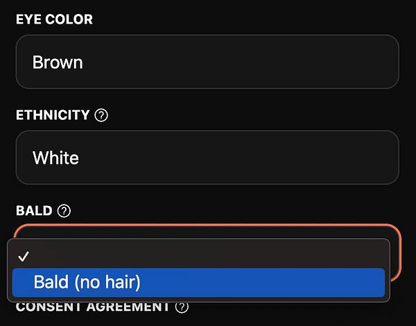 The image displays a user interface for creating an AI model with specific attributes.