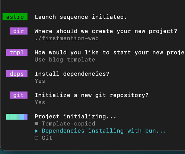 Screenshot of a Terminal window showing successful initialization of an Astro project with detailed CLI output and file generation logs.