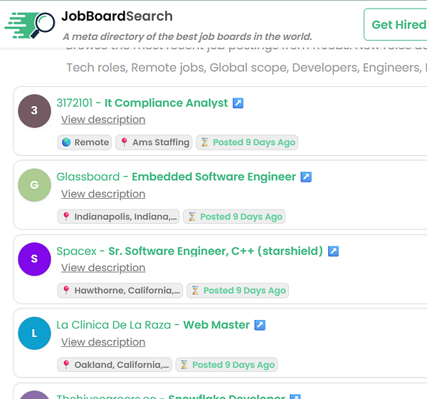 The image displays a job board interface showcasing various job postings.