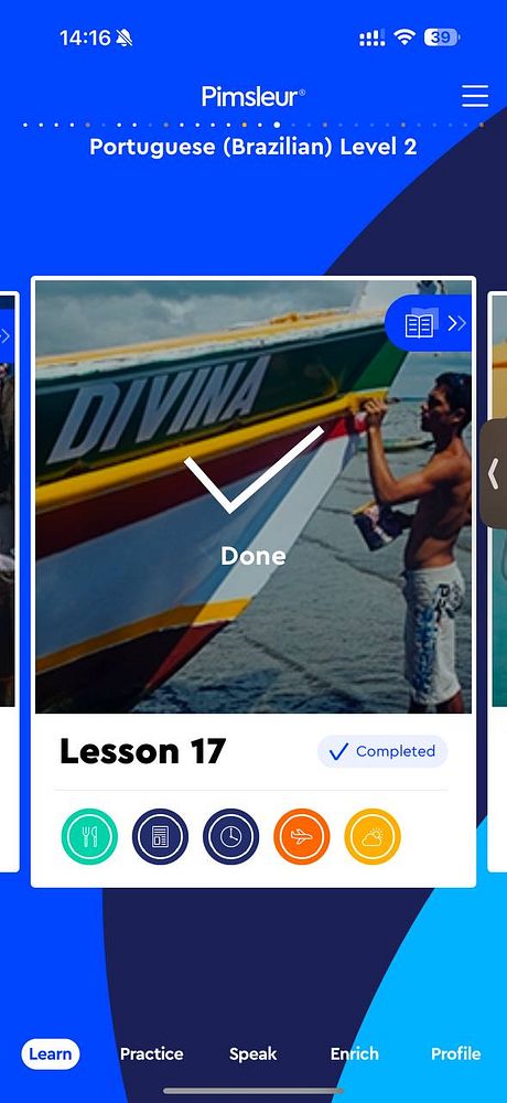 A mobile app interface displaying a completed lesson in a Portuguese language course.