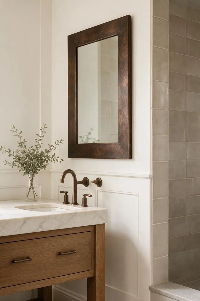 A transitional bathroom vignette with a light oak vanity topped by white marble and a single undermount sink. A dark bronze framed mirror hangs above brushed bronze faucet hardware, while white wainscoting and a vase of greenery soften the space beside beige tiled shower walls.