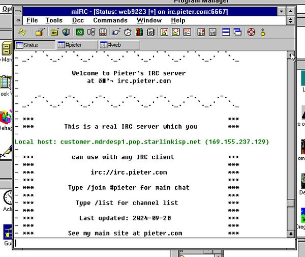 The image displays a screenshot of an IRC client interface connected to Pieter's IRC server.
