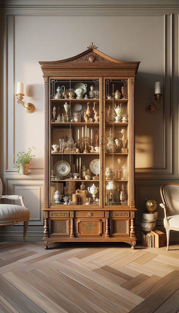 a wooden curio cabinet with glass panels filled with an assortment of antique collectibles, softly lit from within, placed against a neutral wall in an elegantly designed room