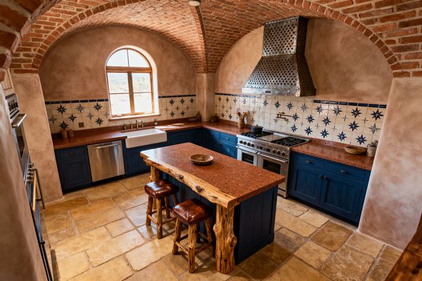 A Southwestern kitchen features a brick barrel-vaulted ceiling and an arched window above a white farmhouse sink. Deep indigo base cabinets surround rust-red stone countertops and a live-edge island with two brown leather stools. The backsplash is cream Talavera tile with cobalt star motifs behind a stainless range and perforated metal hood. Sand-colored plaster walls and tumbled travertine floors complete the sunlit, rustic space.