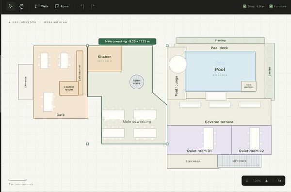 Blueprint of a ground floor layout showing a café, main coworking space, kitchen, pool area, covered terrace with quiet rooms, and stair access.