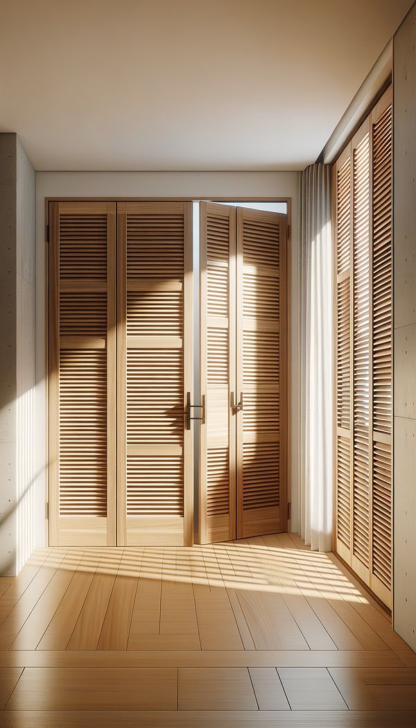 A series of wooden louvered doors installed in a bright, airy room, with sunlight filtering through the angled slats, casting soft shadows on the floor.