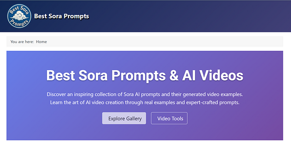 The image displays a webpage titled 'Best Sora Prompts' featuring a collection of AI prompts and video tools.